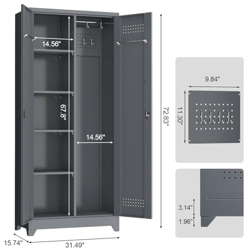 NICEGDLT Metal Storage Cabinet with Lock,72" Garage Storage Cabinets with Hanging Rod & S-Hooks,Large Storage Cabinet with Shelves,Locking Tool Utility Closet for Home,Garage,Utility Room,Dark Grey NICEGDLT