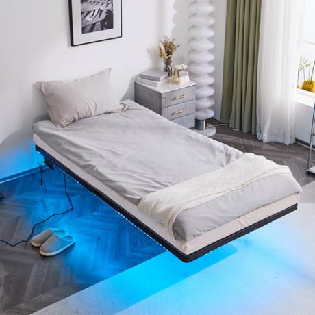 VINGLI 14 Inch Twin Floating Bed Frame with USB Charging Station/LED Lights, Single Platform Bed Foudation Base Heavy Duty Metal Slat, No Box Spring Needed,Black VINGLI