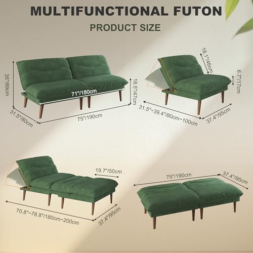 DreamDashio Futon Sofa Bed, 4 in 1 Multi-Functional Futon Couch with Adjustable Backrest, 75 inch Convertible Sleeper Sofa Bed and Recliner Lounge, Corduroy Loveseat for Living Room, Apartment, Green DreamDashio