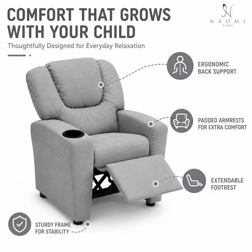 Naomi Home Suri Kids Recliner Chair with Cup Holder & Footrest, Built to Grow with 150 lbs Capacity, Solid Hardwood Frame, and 3 Recline Positions for Toddlers & Children, Gray,Microfiber