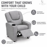 Naomi Home Suri Kids Recliner Chair with Cup Holder & Footrest, Built to Grow with 150 lbs Capacity, Solid Hardwood Frame, and 3 Recline Positions for Toddlers & Children, Gray,Microfiber