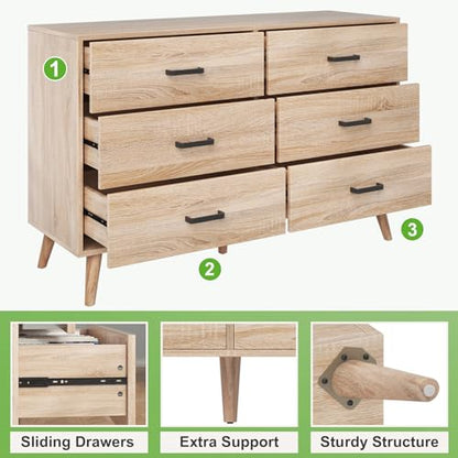 Bigbiglife Wood Dresser for Bedroom, 6 Drawer Dresser with Metal Handles, Mid Century Modern Dresser Double Chest of Drawer (Light Oak) - WoodArtSupply