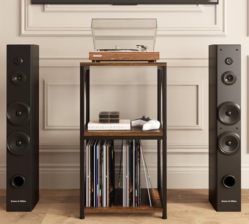 Y&M 3-Tier Vinyl Record Stand with Storage, Album Display Table for Bedroom, Living Room, Rustic Brown Y&M