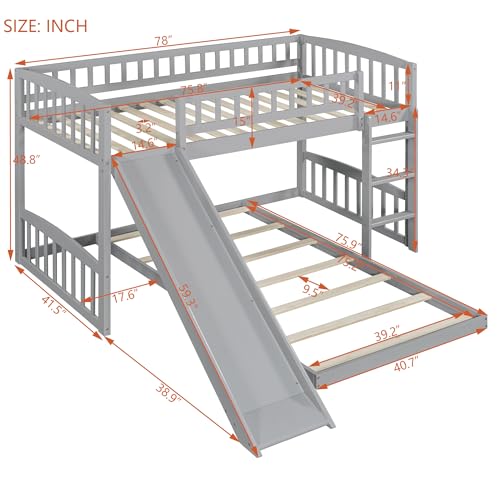 LZ LEISURE ZONE Twin Over Twin Bunk Bed, Wood Bunk Bed with Slide and Ladder, Gray LZ LEISURE ZONE
