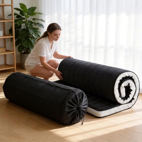 Tiita Japanese Floor Mattress, 4” Thicken Futon Mattress with Storage Bag and 2 Straps，Queen Size Sleeping Tatami Mat for Adults，Black Tiita