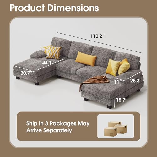 Furmax Sectional Couches for Living Room, U-Shaped Sofa Couch with Linen Fabric, 4 Seat Sofa Set with Double Chaise for Apartment (Fabric, Grey) Furmax