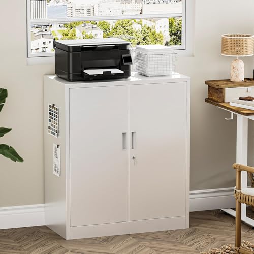 TaskStorz Metal Garage Storage Cabinets，36" Steel File Cabinet with 2 Adjustable Shelves, Lockable Storage Cabinets for Office, Home, Garage, Warehouse 36" H x 32" W x 16" D (White) TaskStorz