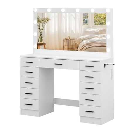 Panana Vanity Desk Set Large Mirror and Lights, Makeup Table with 11 Drawers, Power Outlet, Storage Cushioned Stool, 3 Lighting Modes, Dressing Table for Bedroom Dressing Room (White) Panana