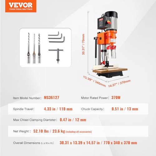 VEVOR Benchtop Mortise Machine, 370W, 1725 RPM Woodworking Mortising Machine, with 1/4-Inch 3/8-Inch 1/2-Inch Chisels Wooden Workbench, for Making VEVOR