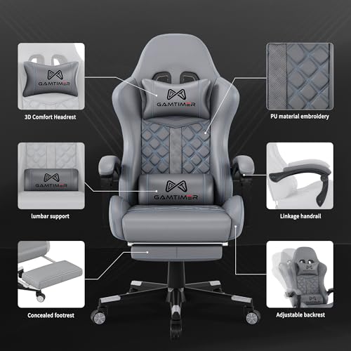 Gamtimer Gaming Chair, 400 lbs Adult Chair, High Back Computer Chair with Footrest and Linked Armrests, Office Video Game Chair with Lumbar Support (Grey) Gamtimer