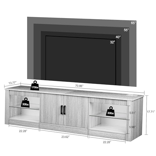 Algglobuy Modern TV Stand for 65 Inch TV with LED Lights, Entertainment Center with Adjustable Tempered Glass Shelves & Power Outlets, Media TV Console Table for Living Room, Bedroom Algglobuy