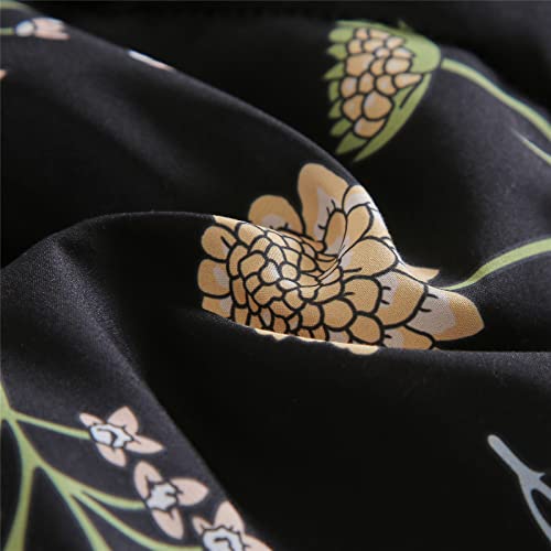 Floral Comforter Set Twin Size, Yellow Green Botanical Flower Leaves Printed Black Comforter for Kids Teen Women, 2 Piece Soft Microfiber Bedding Set with 1 Pillow Case for All Season(Black,Twin) KAKIJUMN