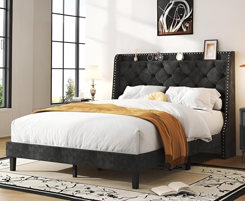 SUNLEI Queen Size Bed Frame with Tufted Button and Velvet Fabric, Bed Frame with Wingback Storage Headboard, Strong Wood Slats, Easy Assembly, No Box Spring Needed, Black SUNLEI
