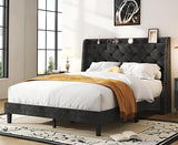 SUNLEI Queen Size Bed Frame with Tufted Button and Velvet Fabric, Bed Frame with Wingback Storage Headboard, Strong Wood Slats, Easy Assembly, No Box Spring Needed, Black SUNLEI