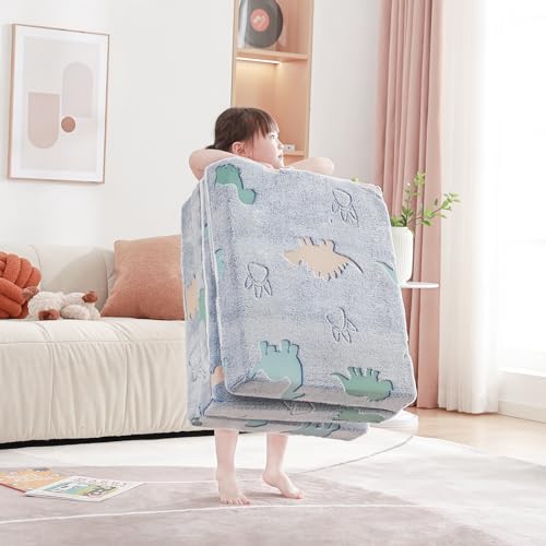 Givjoy Foldable Floor Mattress for Kids, Glow in The Dark Dinosaur Toddler Washable Folding Floor Mat for Nap Daycare, Child Trifold Futon Sofa Bed with Storage Bag for Playroom Girls and Boys Blue Givjoy