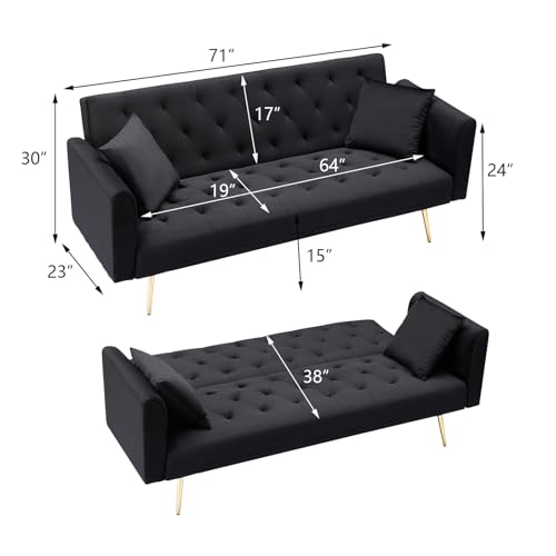 71" Modern Velvet Sofa Bed Futon, Convertible Sleeper Couch with Adjustable Backrest, Tufted Recliner Loveseat with Golden Chrome Legs & 2 Pillows for Small Spaces, Living Room, Apartment (Black) Generic
