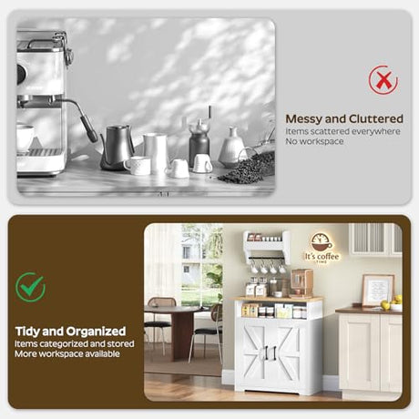 YATINEY Coffee Bar Cabinet, Kitchen Island with Storage, Farmhouse Sideboard Buffet Cabinet with Dual-Purpose Floating Shelf and Hooks, for Kitchen Living Room, White and Natural KF22WN YATINEY