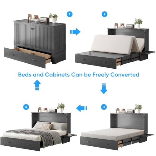 PUREMIND Murphy Bed Queen with Mattress Included - Solid Wood - Hideaway Cabinet Bed with Storage Drawers, USB Charging Ports - Space Saving Wallbed for Home, Guest Room, Gray PUREMIND
