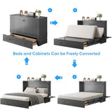 PUREMIND Murphy Bed Queen with Mattress Included - Solid Wood - Hideaway Cabinet Bed with Storage Drawers, USB Charging Ports - Space Saving Wallbed for Home, Guest Room, Gray PUREMIND