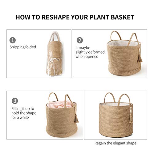 Mkono Woven Storage Basket Decorative Natural Rope Basket Wooden Bead Decoration for Blankets,Toys,Clothes,Shoes,Plant Organizer Bin with Handles Living Room Home Decor, Jute, 16" W × 13.8"L Mkono