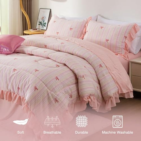 A Nice Night Rainbow Stripes & Bows Bedding Set,Ruffle 6 Piece Bed in a Bag Matching Sheet Set,Princess Style Chic Bow Printed,Light Pink Room Decor for Girls,Twin A Nice Night