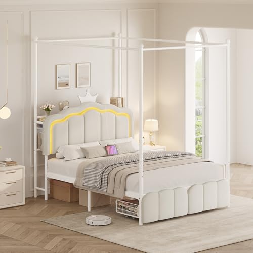 Full Velvet Upholstered LED Canopy Bed Frame with 2 Storage Drawers and Charging Station, Crown Headboard with Bookshelf, Two-Use Princess Platform Bed with 4 Removable Posts,Metal Slats Support-Beige