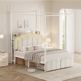 Full Velvet Upholstered LED Canopy Bed Frame with 2 Storage Drawers and Charging Station, Crown Headboard with Bookshelf, Two-Use Princess Platform Bed with 4 Removable Posts,Metal Slats Support-Beige