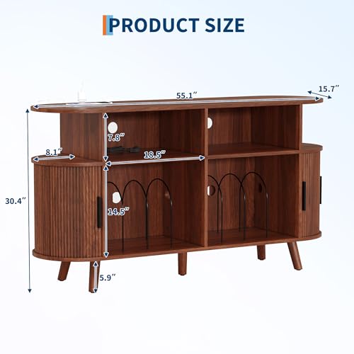 55'' Fluted Mid Century Modern Turntable Cabinet with Vinyl Storage, Large Round Record Player Stand with Charging Station and Display Shelf, Arched Wood Record Player Table for Living Room Garvee