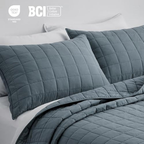 EVERGRACEHOME 100% Cotton Box Stitch Quilt Bedding Set King Size 3 Pieces, Garment-Washed Lightweight Soft Cozy Coverlet, Oversized Quilted Bedspread Sets with 2 Shams for All Season, Midnight Blue EVERGRACEHOME