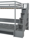 Full Murphy Bunk Bed with Desk and Hydraulic Lift, Full Over Full Size Murphy Bed with Storage Stairs, Grey Bellemave