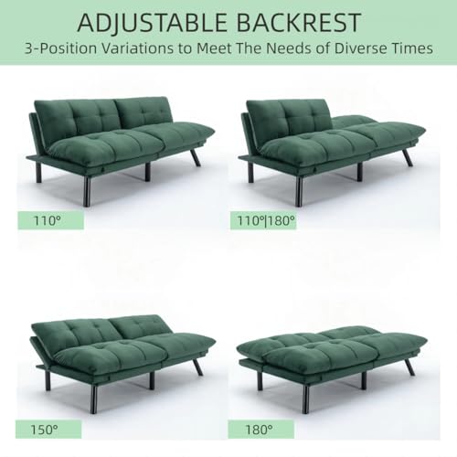 JvFun 71-inch Microfiber Upholstered Futon Sofa Bed - 2 Seats, Adjustable Arms/Back, Iron Legs | Convertible to Sleeper for Main Living Spaces, Bedrooms, Offices (Emerald +2Seat) JvFun