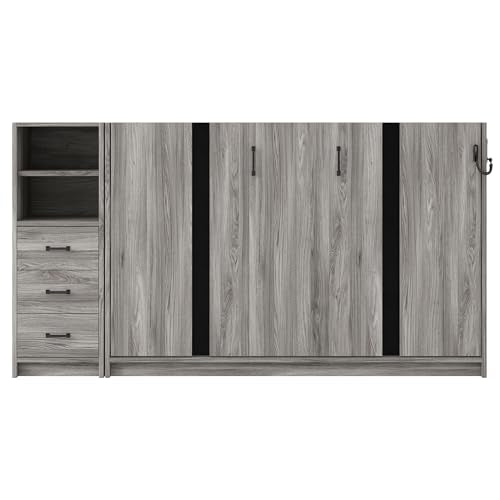 SOFTSEA Twin Horizontal Murphy Bed with Storage, Hideaway Murphy Bed Cabinet with Drawers & LED Light, Farmhouse Hidden Wall Bed Frame Space-Saving for Guest Room Bedroom Office, Grey SOFTSEA