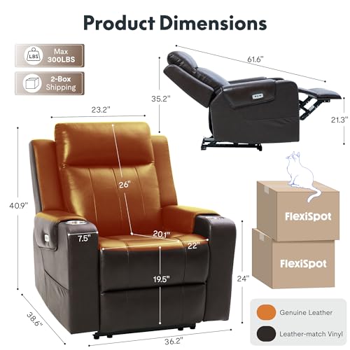 FLEXISPOT Truffle Genuine Leather Power Recliner w/ 1.2" Wall-Hugger Clearance, Electric Zero-Wall RV Recliner w/Adjustable Headrest, Massage & Heat, Home Theater Sofa, FSC-Certified, Chocolate