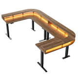 HUANUO U-Shape Standing Desk with LED Strip & Power Outrlets, 2-Tier Height Adjustable Sit Stand up Gaming Desk with Power Strip Holder, Large Computer Table for Home Office, Walnut HUANUO