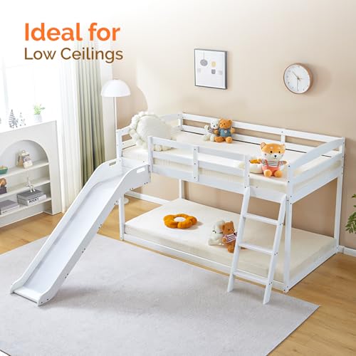 JOYMOR Bunk Bed with Curved Slide, Low Bunk Bed Twin Over Twin, Bunk Bed with Slide and Angled Ladder, Solid Pine Wood Slide Bed,14" Safety Guardrail, Anti-Slip Steps JOYMOR