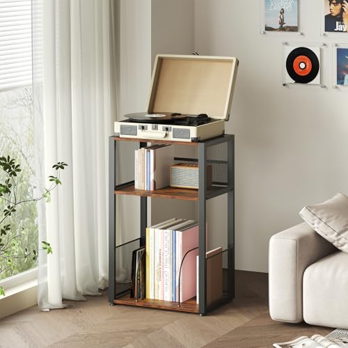 DUMOS 3 Tier Side Table, 2 Pack Record Player Stand with Storage Up to 100 Albums,Turntable Stand for Vinyl,Brown Records Shelf for Living Room Bedroom Brown DUMOS
