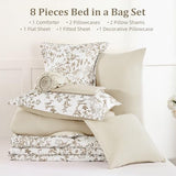 WONGS BEDDING Comforter Set King Size, 8 Pieces Brown Floral Botanical Comforter Sets, Bed in a Bag Soft Lightweight Microfiber Bedding Sets for All Seasons (90"x104") WONGS BEDDING
