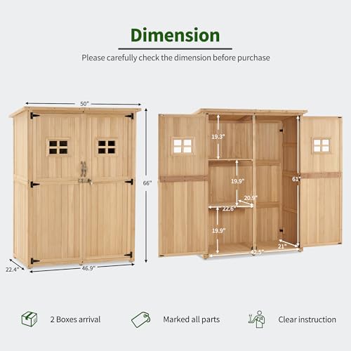 MCombo Large Outdoor Storage Shed with 2 Shelves, Oversize Garden Tool Shed with Lock, Outdoor Storage Cabinet with Floor for Patio and Yard (46.9" x 22.4" x 66") 1911 (Beige) mcombo