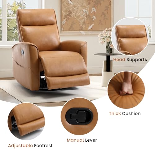 CANMOV Leather Recliner Chair, Swivel Rocker Recliner Chair, 360°Swivel Nursery Glider Recliner, Manual Recliner for Small Spaces,Living Room,Bedroom,Brown