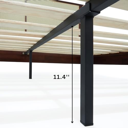 Bme Oliver King Bed Frame and Headboard - 15-Inch Signature Design with Rattan Headboard, Bohemian and Mid Century Style, 12-Slat Wood Support, No Box Spring Needed - Easy Assembly, Walnut Bme