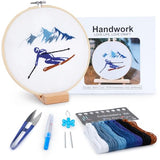 Embroidery Kit for Adult Beginners,Skiers Snow Mountain Embroidery Kit with Step-by-Step Instructions & Video,Printed Cloth,7.87" Hoop,Display Stand,Color Threads and Tools for Craft Lover(BES012)