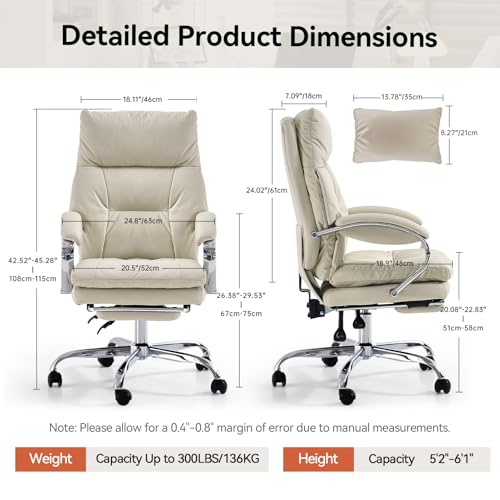 LEAGOO Office Chair with Foot Rest, Ergonomic Executive Office Chair with Arms, Reclining High Back PU Leather Comfy Swivel Computer Desk Chairs with Wheels and Lumbar Support for Home Office, Cream LEAGOO