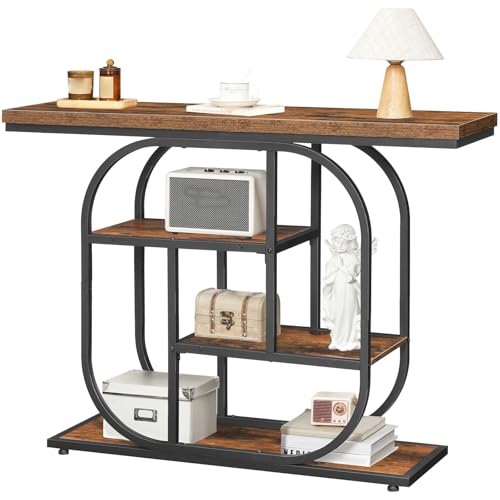 HOOBRO 43.3" Console Table, 4-Tier Sofa Table, Industrial Entryway Table, Behind Couch Table, Accent Table with Storage Shelf for Entryway, Foyer, Living Room, Bedroom, Hallway, Rustic Brown BF65XG01 HOOBRO
