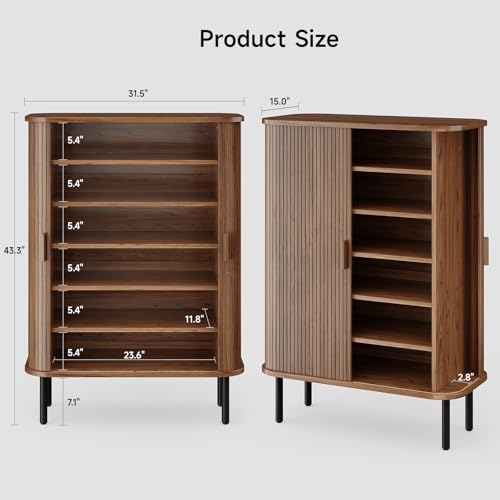 ONBRILL 6-Tier Shoe Cabinet with Sliding Door, Wooden Shoe Storage Cabinet with Adjustable Shelves, Mid-Century Modern Freestanding Shoe Storage Organizer for Entryway, Hallway, Living Room, Walnut ONBRILL