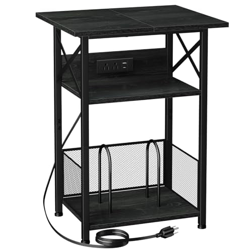 AMHANCIBLE Record Player Stand with Charging Station, Large Turntable Stand with Storage Cabinet, 3 Tier End Table Hold Up to 100 Albums, Record Stand for Vinyl, Living Room, Black, HETCD012BK-1 AMHANCIBLE