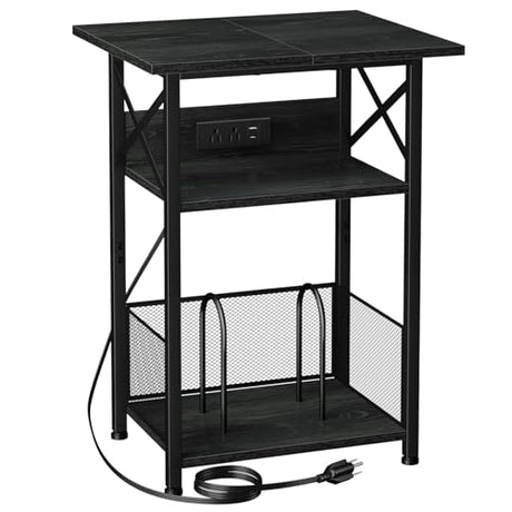 AMHANCIBLE Record Player Stand with Charging Station, Large Turntable Stand with Storage Cabinet, 3 Tier End Table Hold Up to 100 Albums, Record Stand for Vinyl, Living Room, Black, HETCD012BK-1 AMHANCIBLE