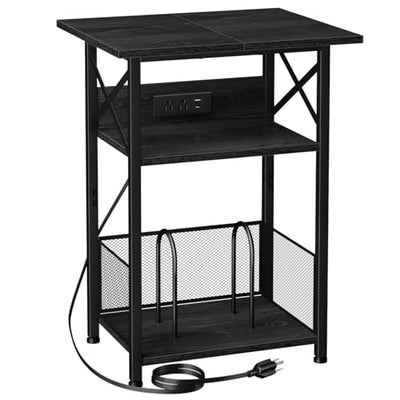 AMHANCIBLE Record Player Stand with Charging Station, Large Turntable Stand with Storage Cabinet, 3 Tier End Table Hold Up to 100 Albums, Record Stand for Vinyl, Living Room, Black, HETCD012BK-1