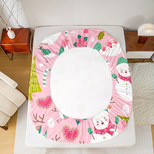 Erosebridal Pink Christmas Bed Sheets, Cartoon Santa Claus Sheet Set Twin for Kids Boys Girls Women Bedroom, Snowman Pine Fitted Sheet + Christmas Tree Cute Deer Top Sheet + 1 Xmas Decor Pillow Case Erosebridal