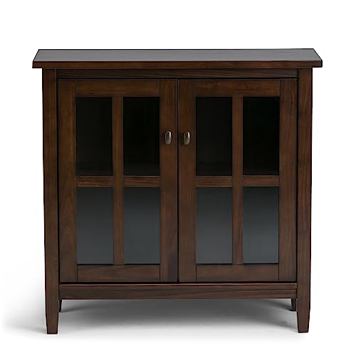 SIMPLIHOME Warm Shaker SOLID WOOD 32 inch Wide Rustic Low Storage Cabinet in Tobacco Brown, with 2 Adjustable Shelves, Tempered Glass Door - WoodArtSupply