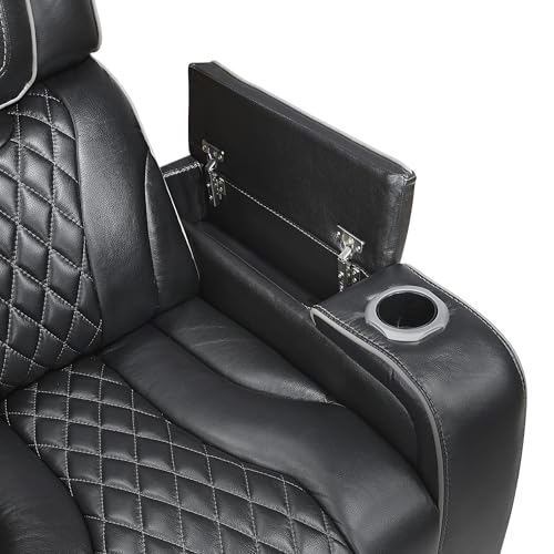 Lexicon Power Double Reclining Sofa, Center Drop-Down Table with Heat/Massage/Headrest/Storage Arms/Cup Holders/LED Lights/Wireless Charging, Top Grain Leather Match Wall Hugger Recliner Sofa, Black